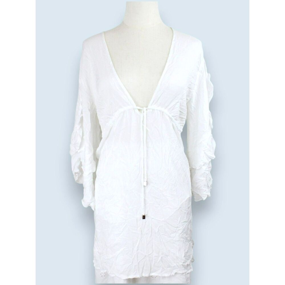 Elan NWT White Crinkle Beach Cover Up Tunic Dress Boho Resort Swim Cover Size S
